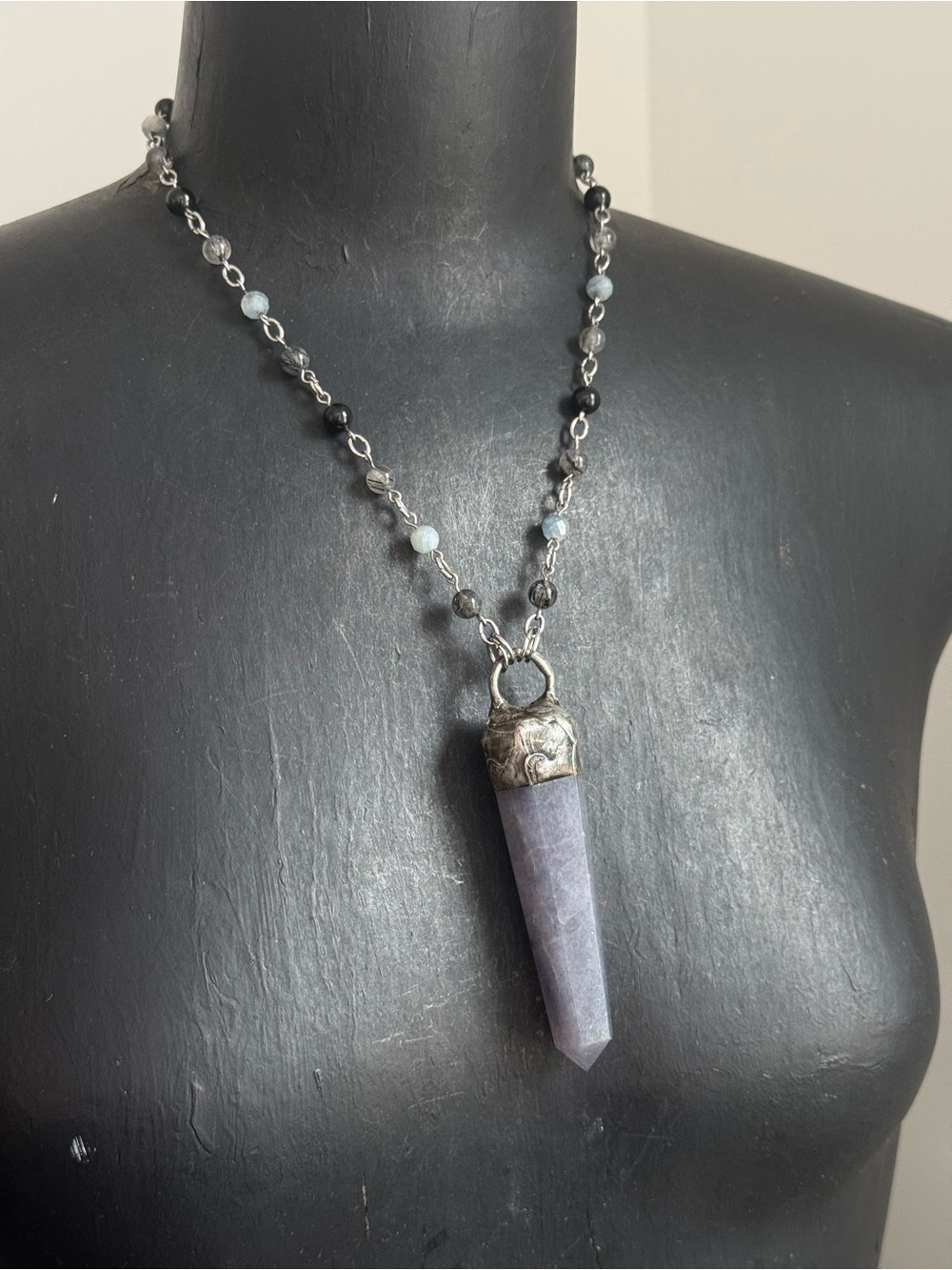 Iolite Crystal Pendant Necklace beaded chain witchy boho layering necklace mala
